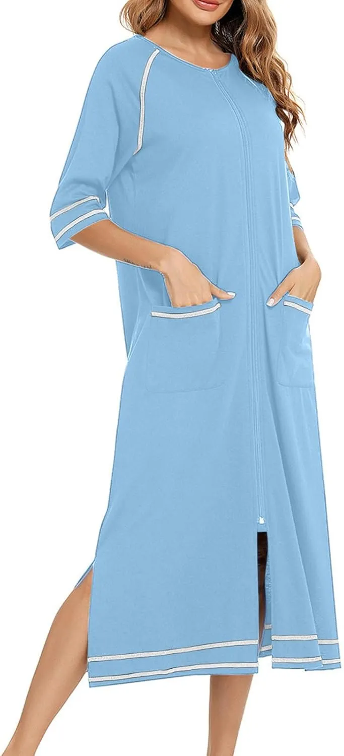 Women's Long House Dress Zipper Loungewear 3/4 Sleeve Zip Up Robes Full Length Sleepwear Nightgown with Pockets
