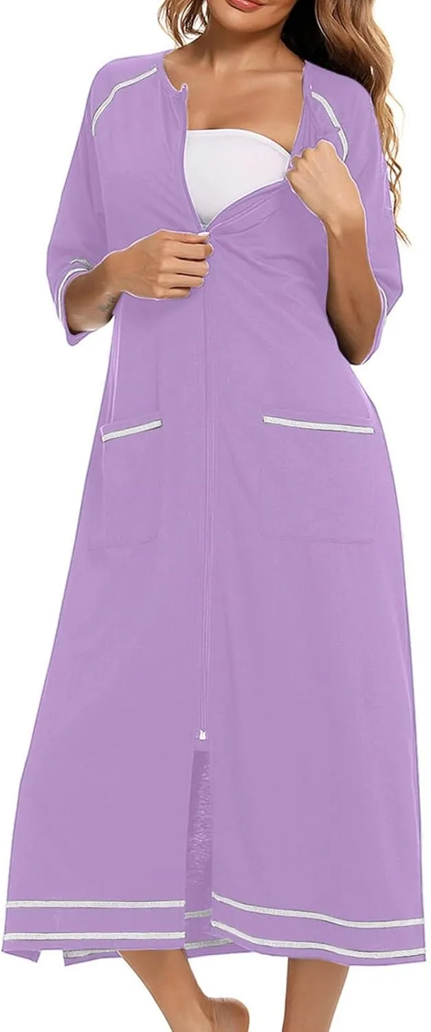 Women's Long House Dress Zipper Loungewear 3/4 Sleeve Zip Up Robes Full Length Sleepwear Nightgown with Pockets