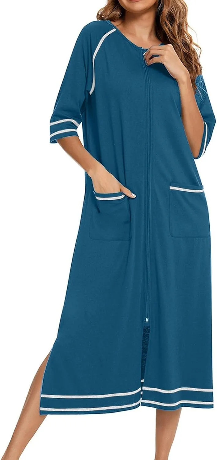 Women's Long House Dress Zipper Loungewear 3/4 Sleeve Zip Up Robes Full Length Sleepwear Nightgown with Pockets