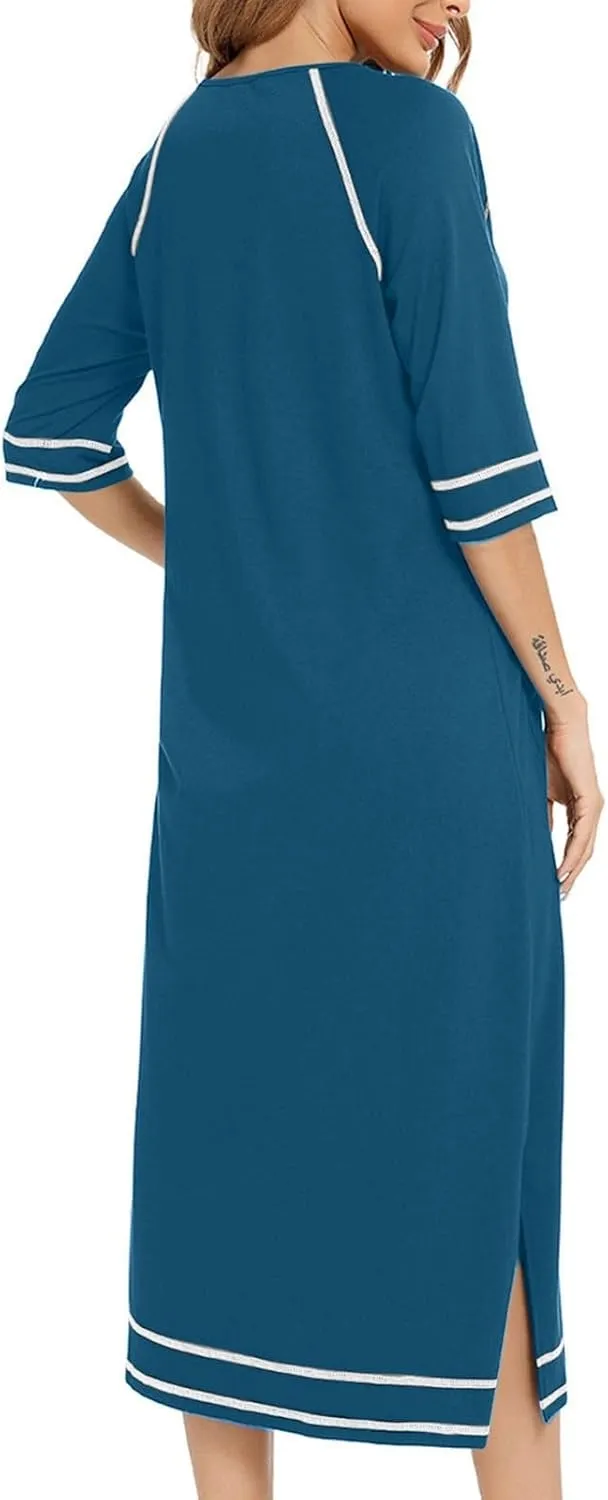 Women's Long House Dress Zipper Loungewear 3/4 Sleeve Zip Up Robes Full Length Sleepwear Nightgown with Pockets