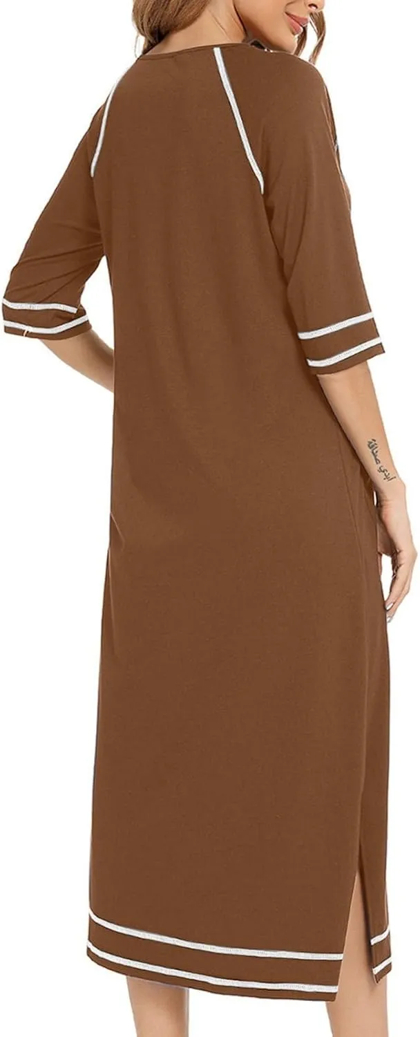 Women's Long House Dress Zipper Loungewear 3/4 Sleeve Zip Up Robes Full Length Sleepwear Nightgown with Pockets
