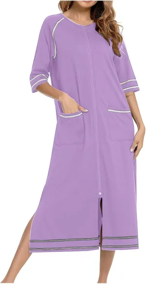Women's Long House Dress Zipper Loungewear 3/4 Sleeve Zip Up Robes Full Length Sleepwear Nightgown with Pockets