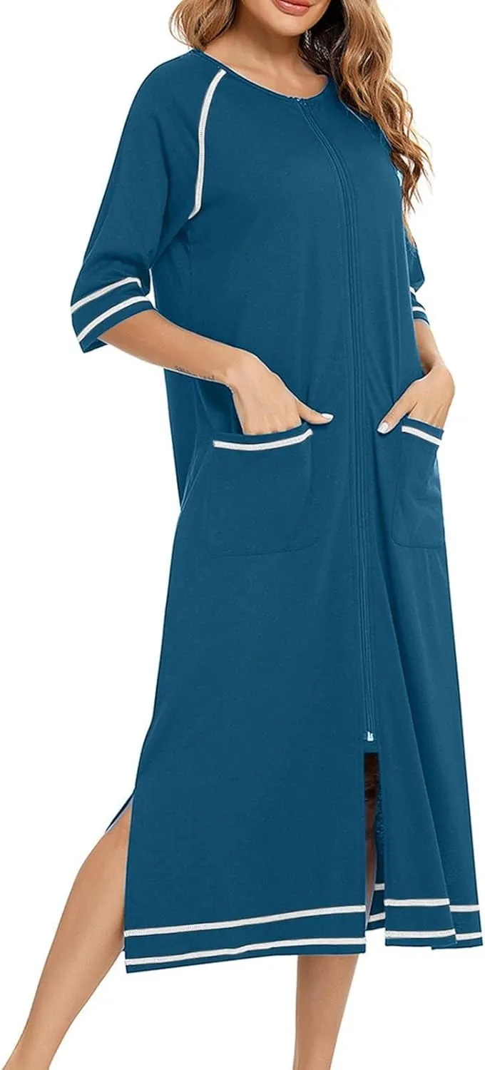 Women's Long House Dress Zipper Loungewear 3/4 Sleeve Zip Up Robes Full Length Sleepwear Nightgown with Pockets