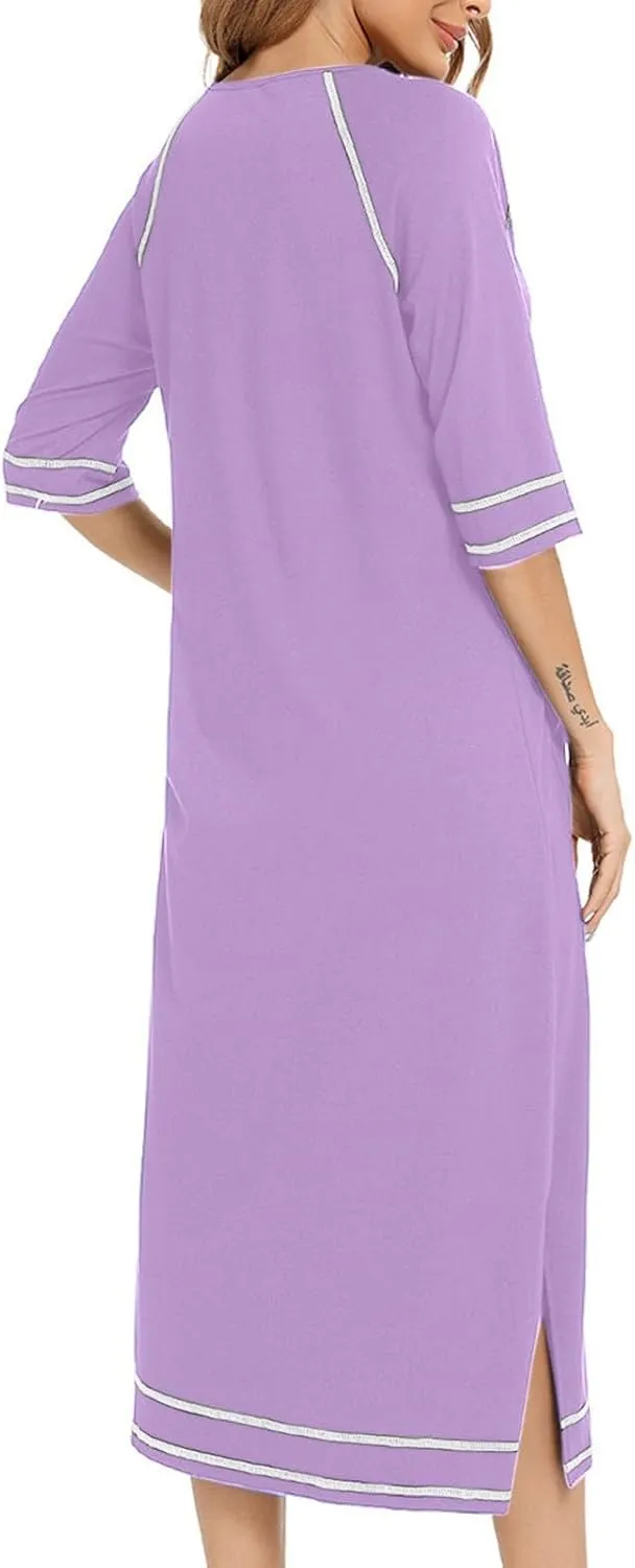 Women's Long House Dress Zipper Loungewear 3/4 Sleeve Zip Up Robes Full Length Sleepwear Nightgown with Pockets
