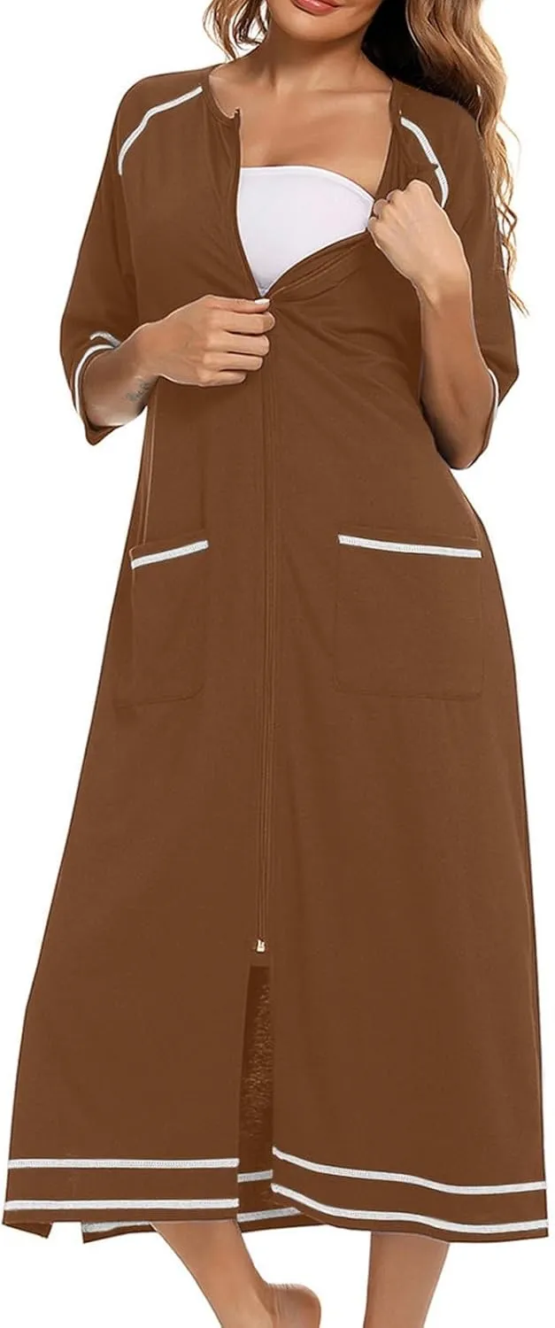 Women's Long House Dress Zipper Loungewear 3/4 Sleeve Zip Up Robes Full Length Sleepwear Nightgown with Pockets
