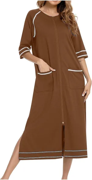 Women's Long House Dress Zipper Loungewear 3/4 Sleeve Zip Up Robes Full Length Sleepwear Nightgown with Pockets