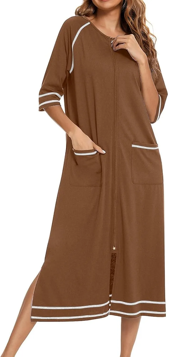Women's Long House Dress Zipper Loungewear 3/4 Sleeve Zip Up Robes Full Length Sleepwear Nightgown with Pockets
