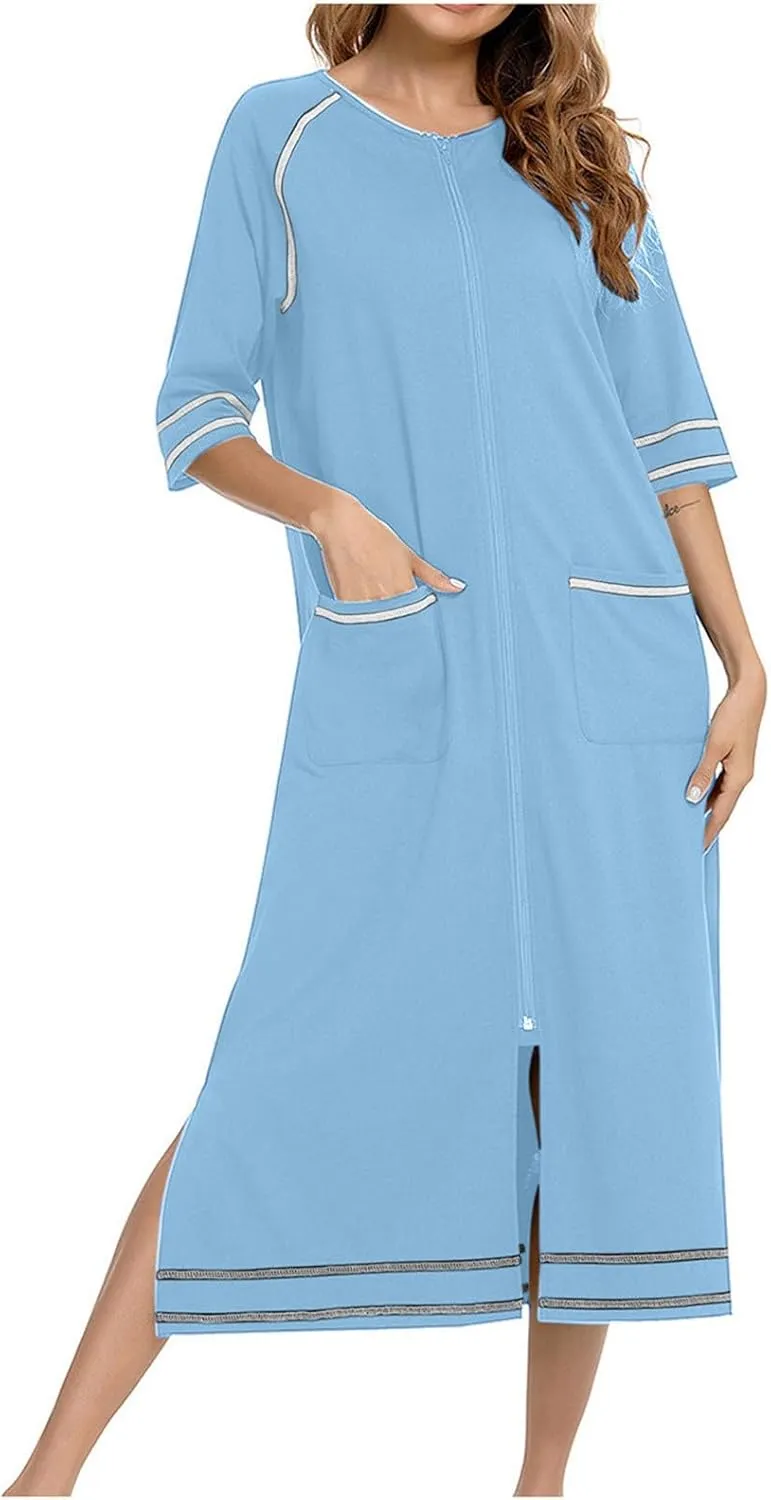 Women's Long House Dress Zipper Loungewear 3/4 Sleeve Zip Up Robes Full Length Sleepwear Nightgown with Pockets
