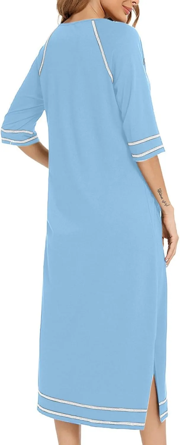 Women's Long House Dress Zipper Loungewear 3/4 Sleeve Zip Up Robes Full Length Sleepwear Nightgown with Pockets