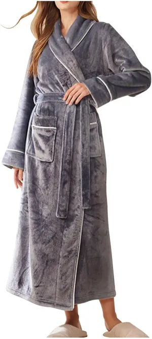 Women's Long Housecoat Flannel Robe Fuzzy Fleece Bath Robe Oversized Loungewear Full Length Bathrobe with Pockets