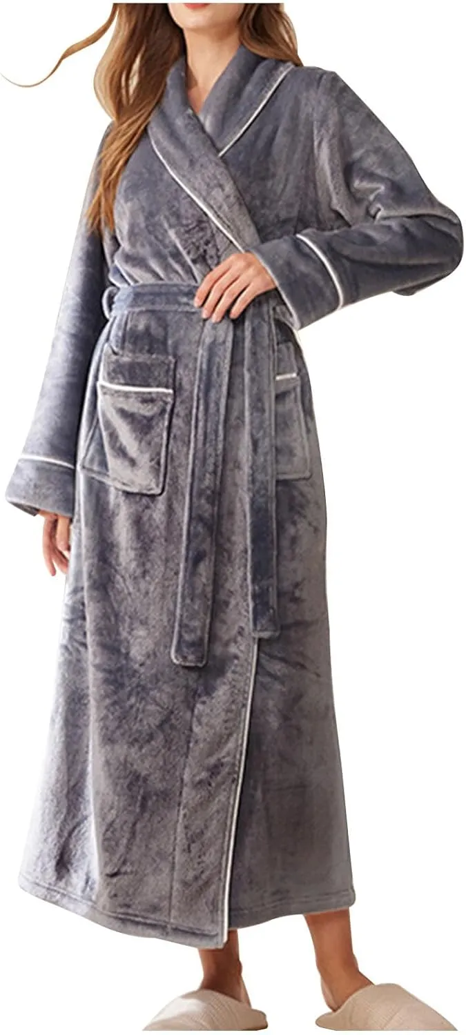 Women's Long Housecoat Flannel Robe Fuzzy Fleece Bath Robe Oversized Loungewear Full Length Bathrobe with Pockets