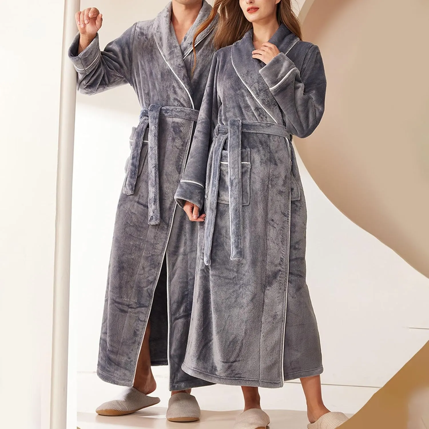 Women's Long Housecoat Flannel Robe Fuzzy Fleece Bath Robe Oversized Loungewear Full Length Bathrobe with Pockets