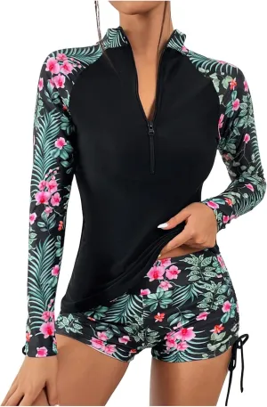 Womens Long Sleeve Rashguard UPF 50  Two Piece Swimsuit with Bottom Bulid in Bra Sun Protection Zipper Bathing Suits