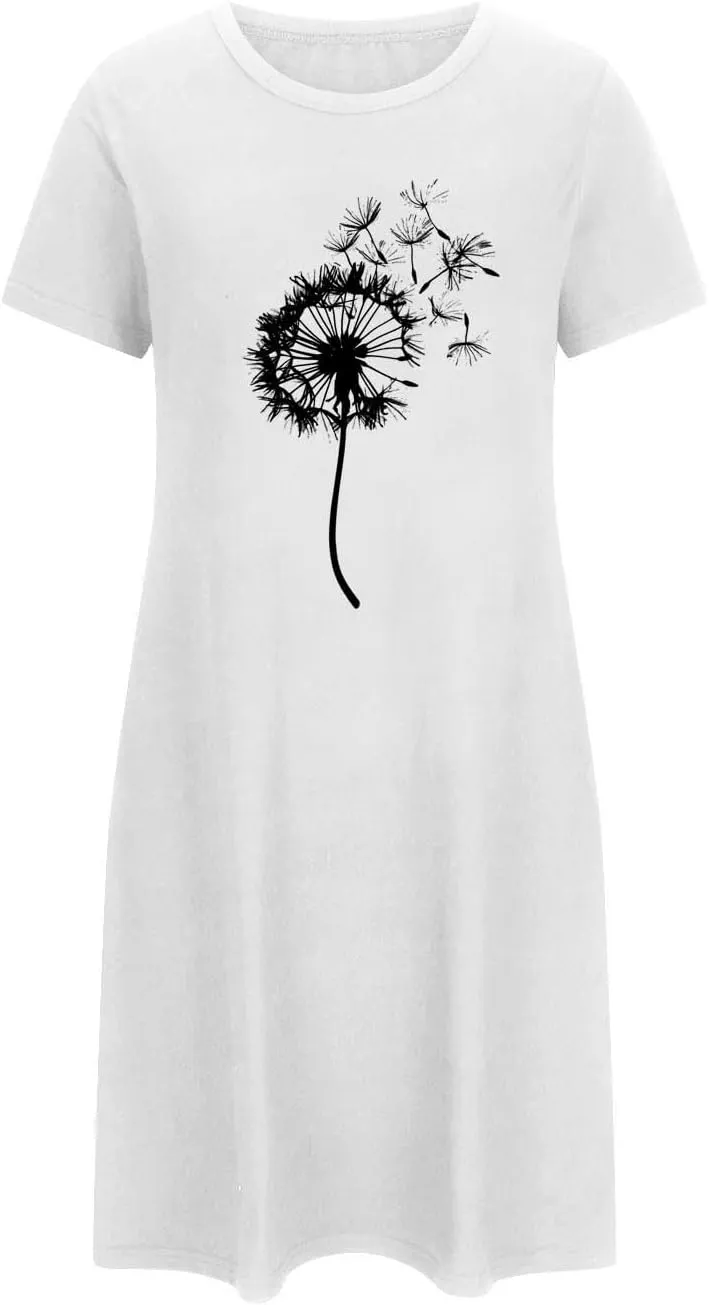 Women's Nightgown Sleepwear Short Sleeves Sleepshirts Dandelion Print Sleepdress Pajama Dress Night Gowns