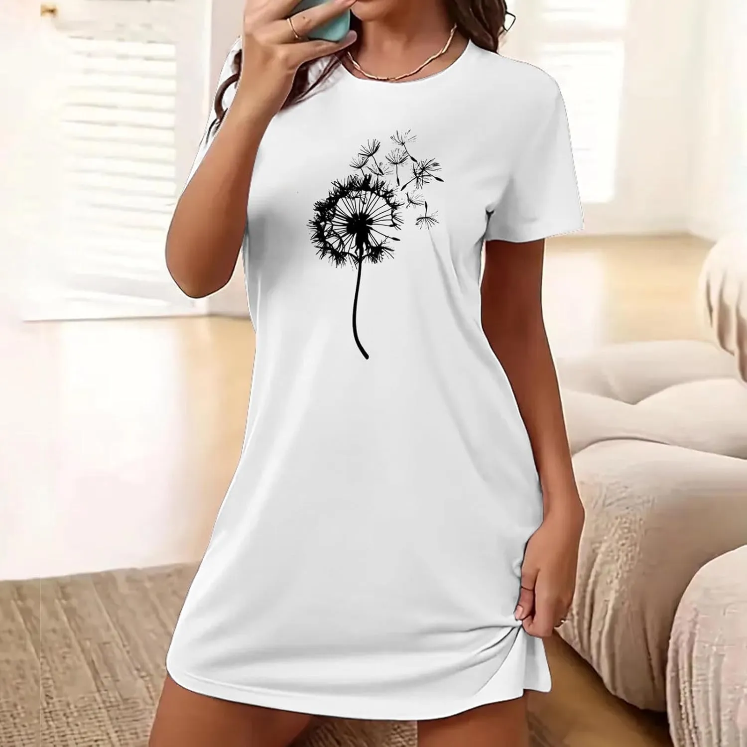 Women's Nightgown Sleepwear Short Sleeves Sleepshirts Dandelion Print Sleepdress Pajama Dress Night Gowns