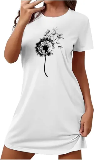 Women's Nightgown Sleepwear Short Sleeves Sleepshirts Dandelion Print Sleepdress Pajama Dress Night Gowns