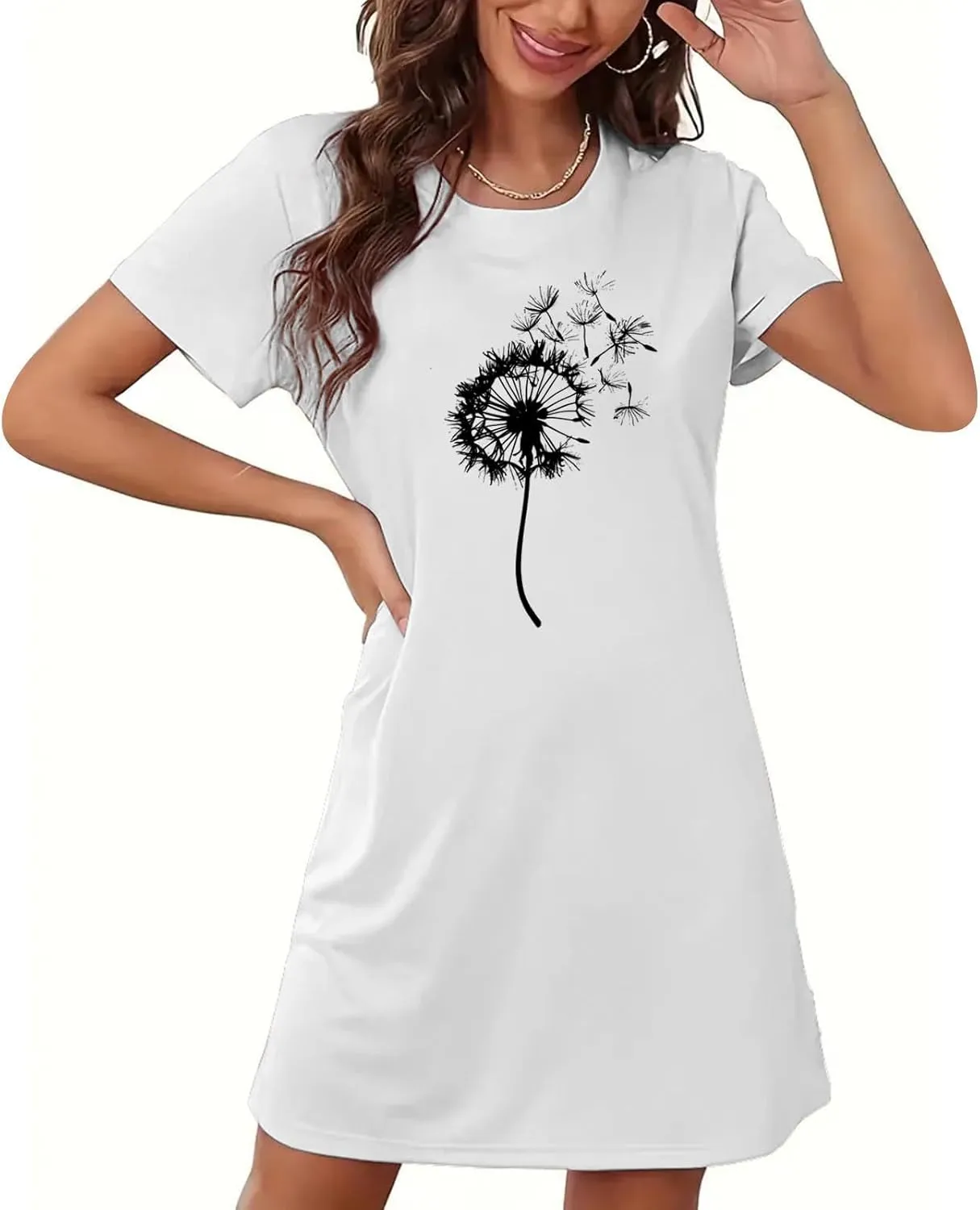 Women's Nightgown Sleepwear Short Sleeves Sleepshirts Dandelion Print Sleepdress Pajama Dress Night Gowns
