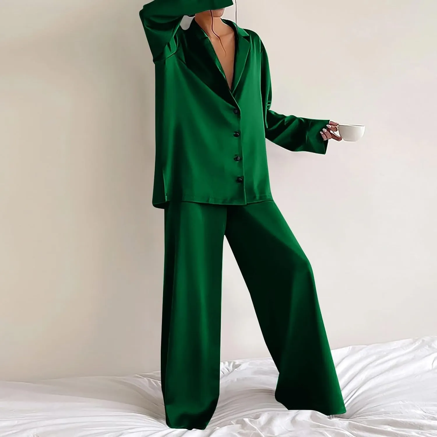 Women's Pajama Pants Solid V-Neck Long Sleeved Pajama Home Set Silk, S-XL