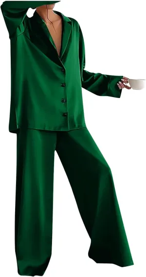 Women's Pajama Pants Solid V-Neck Long Sleeved Pajama Home Set Silk, S-XL