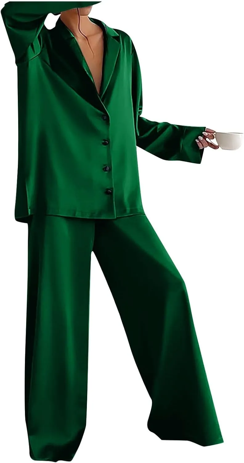 Women's Pajama Pants Solid V-Neck Long Sleeved Pajama Home Set Silk, S-XL