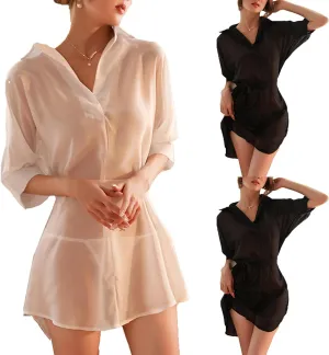 Womens Pajama Set See-Through Cardigan V-Neck Bathrobe Thongs Lingerie Soft Sleepwear Underwear Half Sleeve Nightgown