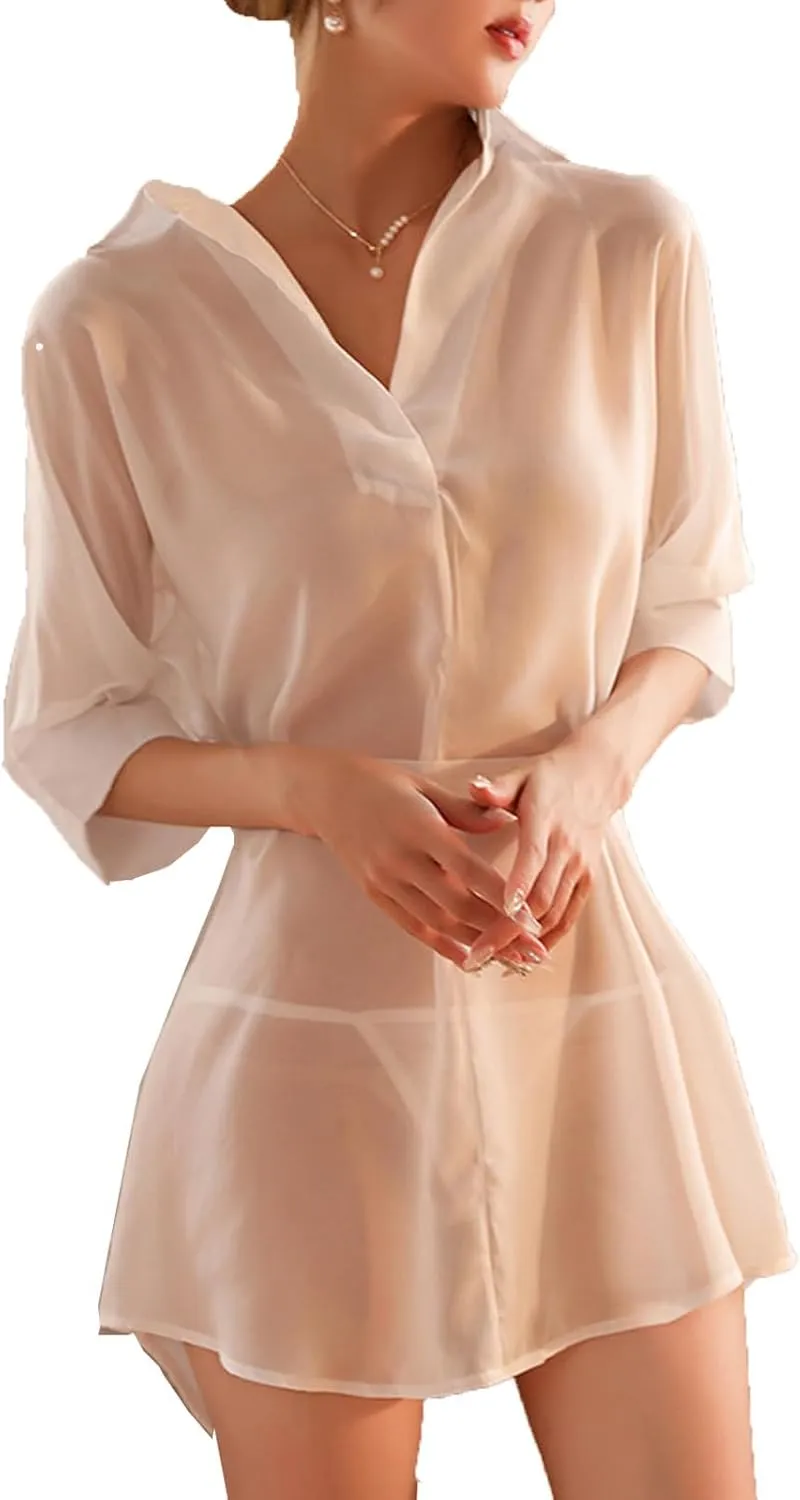 Womens Pajama Set See-Through Cardigan V-Neck Bathrobe Thongs Lingerie Soft Sleepwear Underwear Half Sleeve Nightgown