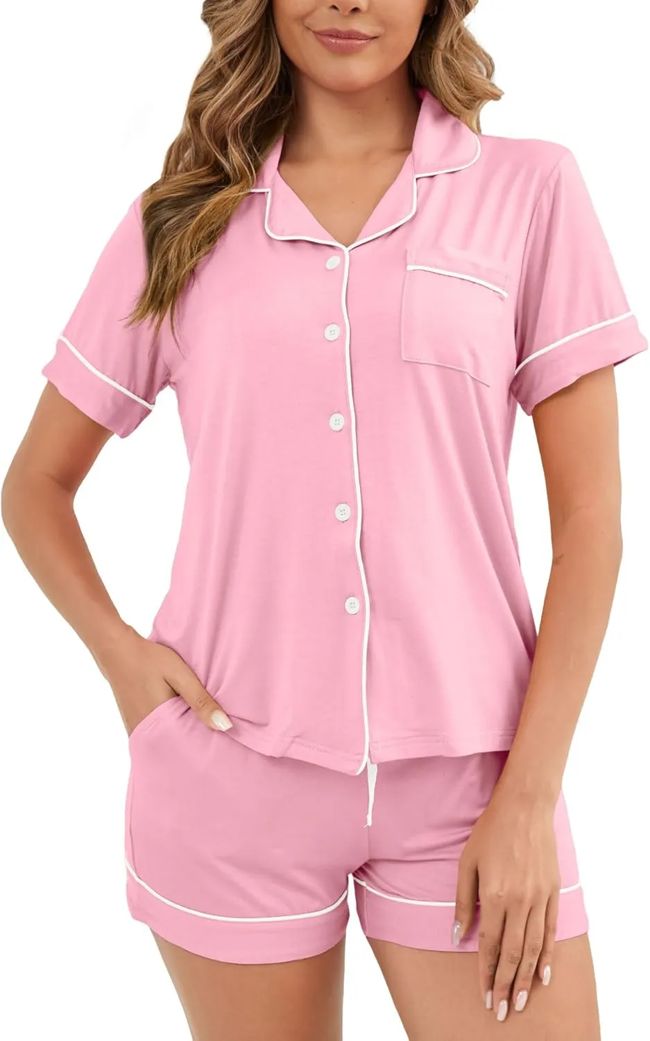 Womens Pajamas Set Short Sleeve Sleepwear Button Down Pjs Shorts Set Soft Pjs Lounge Set With Pockets