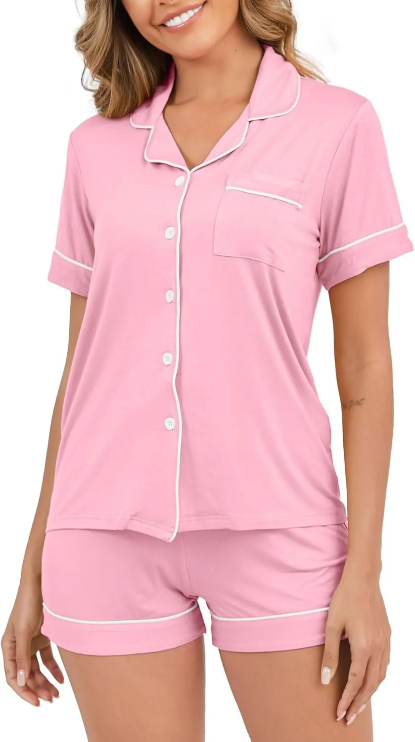 Womens Pajamas Set Short Sleeve Sleepwear Button Down Pjs Shorts Set Soft Pjs Lounge Set With Pockets