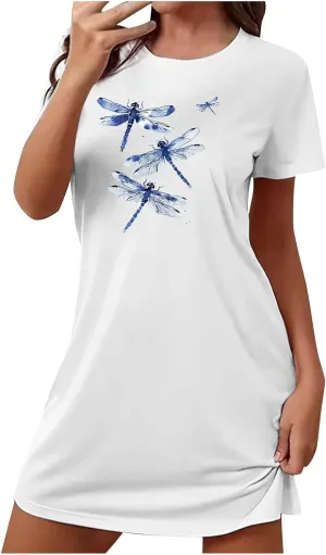 Women's Plus Size Short-Sleeve Sleepshirt Cute Animal Print T Shirts Night Gown Ladies Loose Plus Size Home Dress