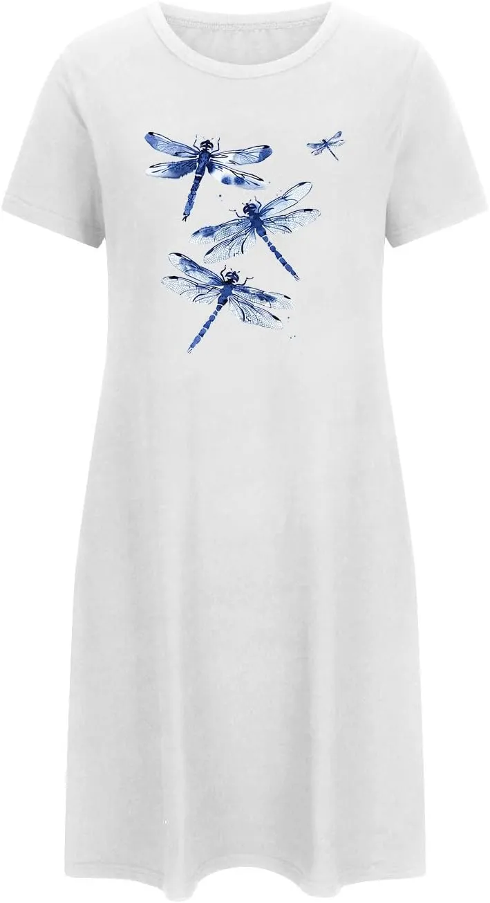 Women's Plus Size Short-Sleeve Sleepshirt Cute Animal Print T Shirts Night Gown Ladies Loose Plus Size Home Dress