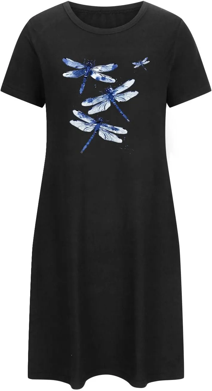 Women's Plus Size Short-Sleeve Sleepshirt Cute Animal Print T Shirts Night Gown Ladies Loose Plus Size Home Dress