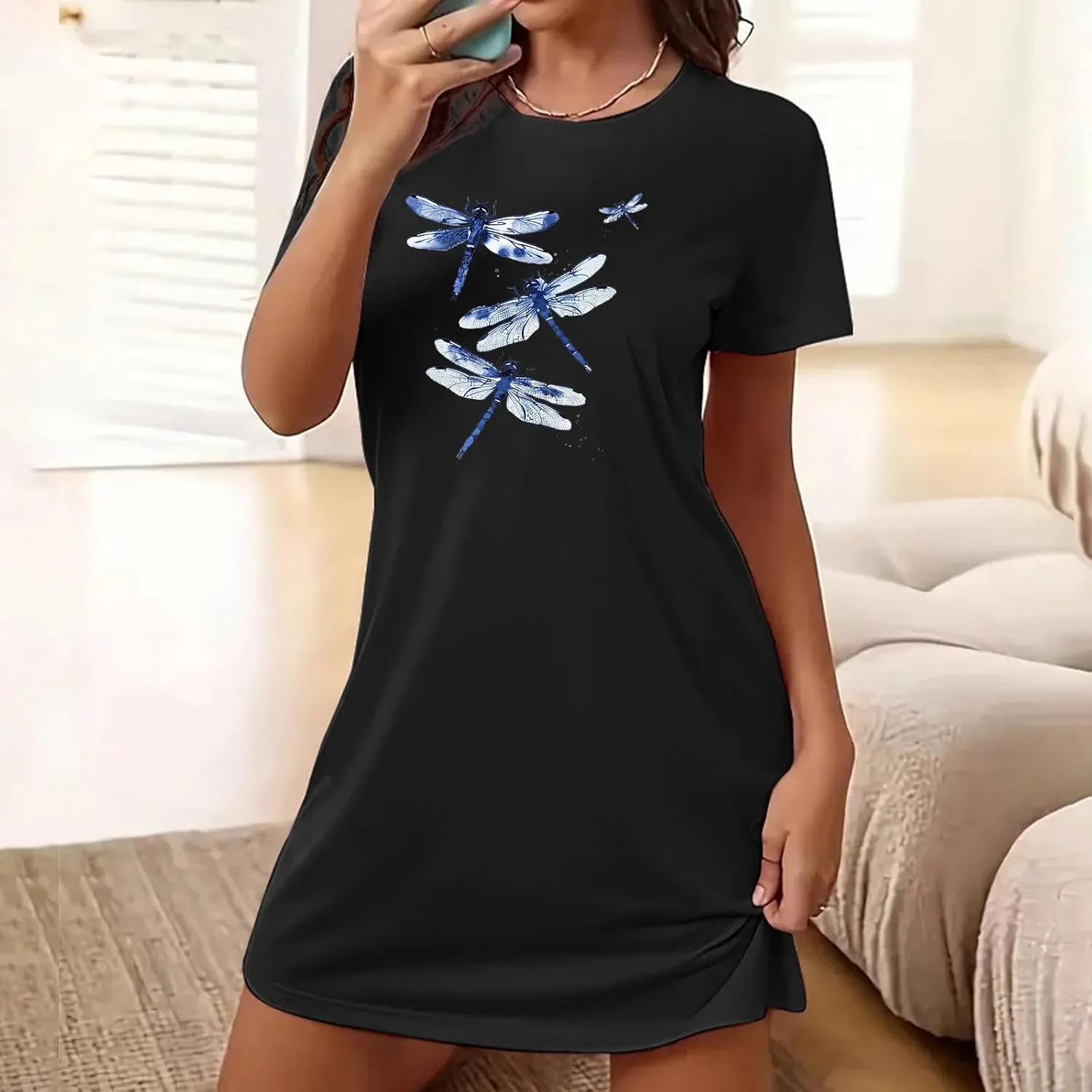 Women's Plus Size Short-Sleeve Sleepshirt Cute Animal Print T Shirts Night Gown Ladies Loose Plus Size Home Dress