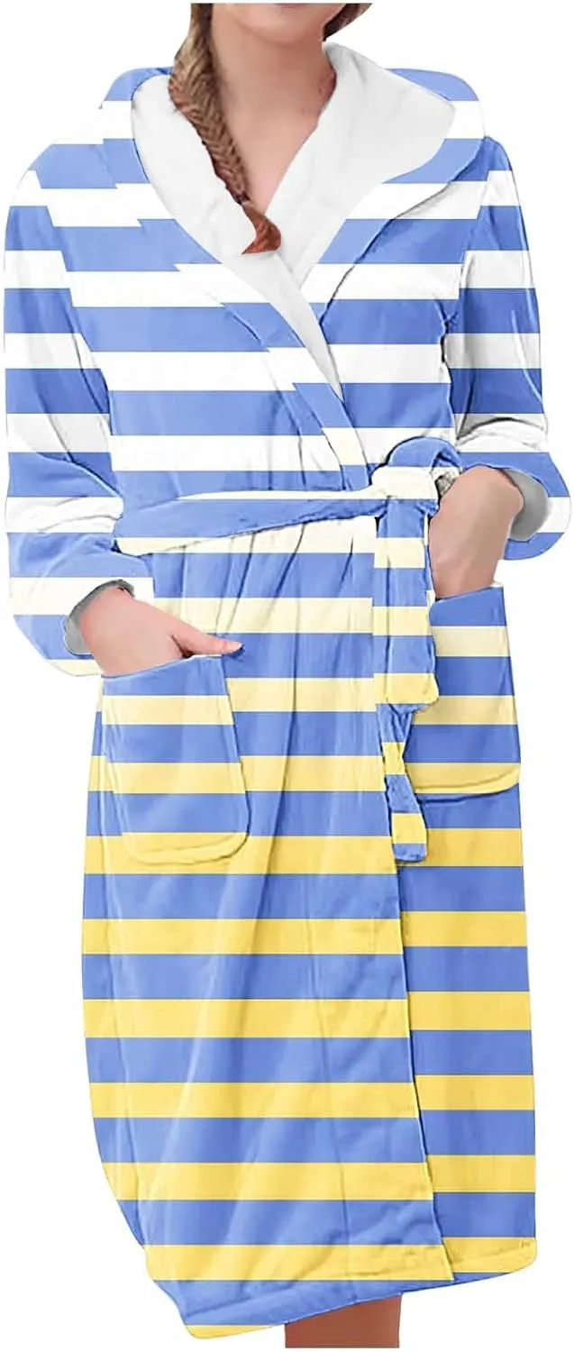 Women's Plush Hooded Bathrobe Winter Warm Robes Classic Stripes Print Soft Fleece Long Bathrobes Luxury Sleepwear