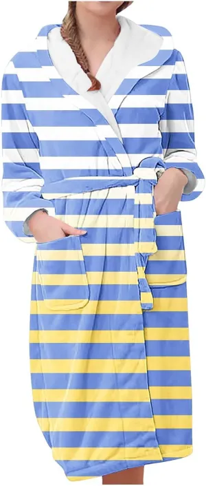 Women's Plush Hooded Bathrobe Winter Warm Robes Classic Stripes Print Soft Fleece Long Bathrobes Luxury Sleepwear