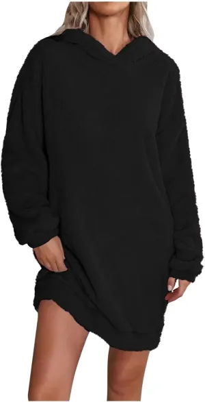 Women's Plush Hoodie Sweatshirt Dress, Casual Shaggy Pullover Fuzzy Nightgown Cozy Soft Slouchy Sleepwear