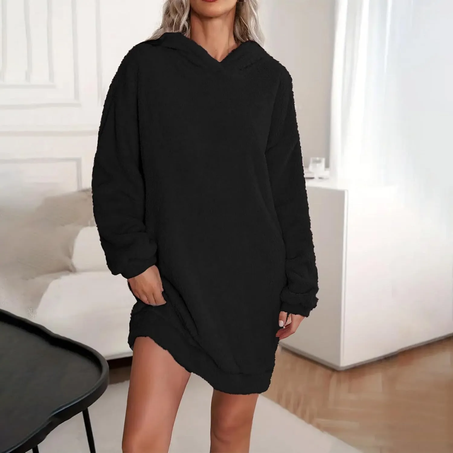 Women's Plush Hoodie Sweatshirt Dress, Casual Shaggy Pullover Fuzzy Nightgown Cozy Soft Slouchy Sleepwear