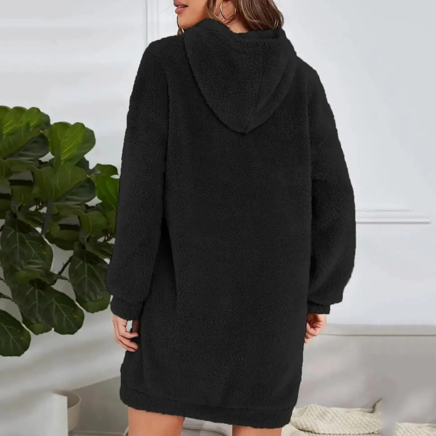 Women's Plush Hoodie Sweatshirt Dress, Casual Shaggy Pullover Fuzzy Nightgown Cozy Soft Slouchy Sleepwear