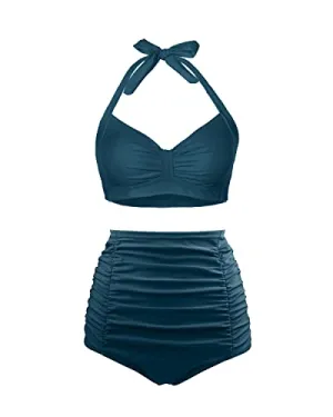 Women's Retro 50S Style High Waisted Bikini Set With Push Up Halter Top-Teal
