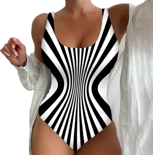 Women's Retro Scoop Neck Padded One Piece Swimsuits High Cut Low Back Bathing Suits Swimwear Bodysuit