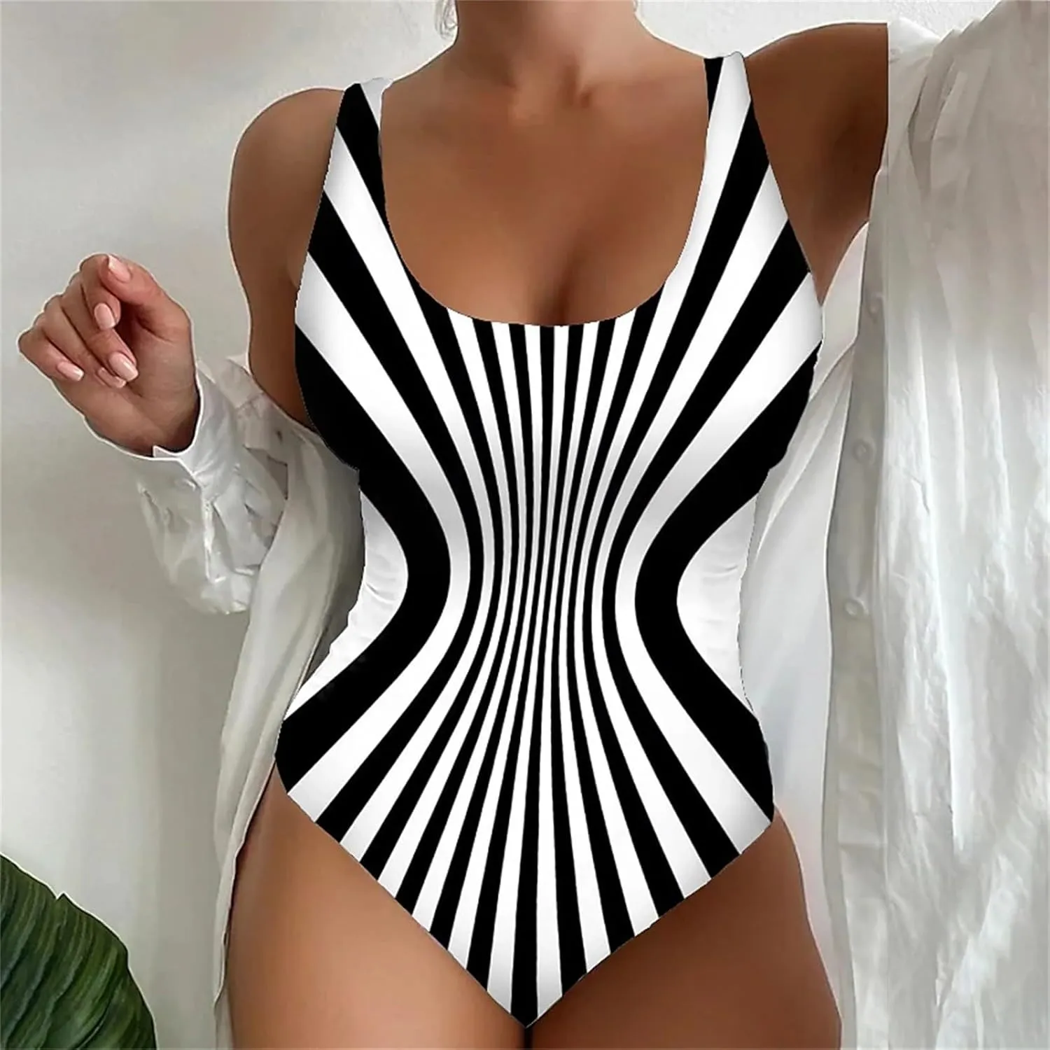 Women's Retro Scoop Neck Padded One Piece Swimsuits High Cut Low Back Bathing Suits Swimwear Bodysuit