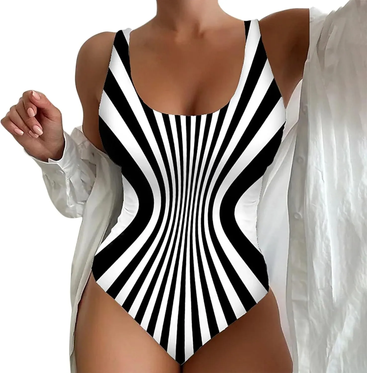 Women's Retro Scoop Neck Padded One Piece Swimsuits High Cut Low Back Bathing Suits Swimwear Bodysuit