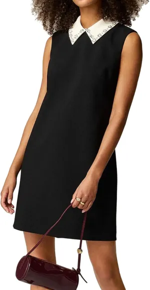 Women's Rhinestones Embellished Collared Shift Dress Sleeveless Work Office Mini Dress
