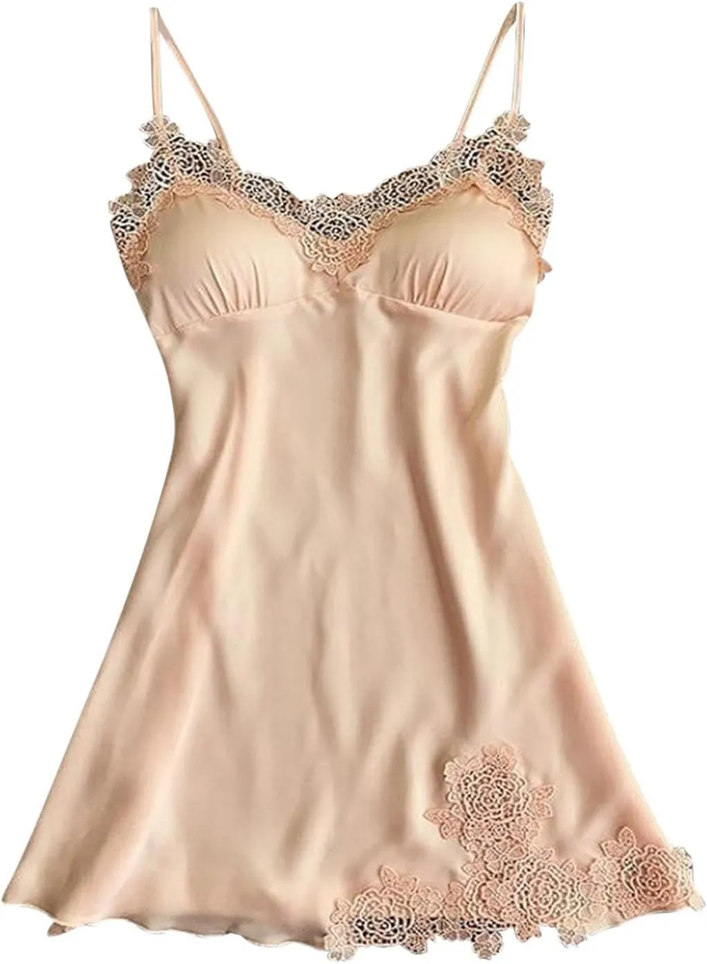 Women's Satin Pajamas Cami Dress Sleepwear Spaghetti Strap Lounge Full Slip Lace Trim Flower Embroidery Nightgowns