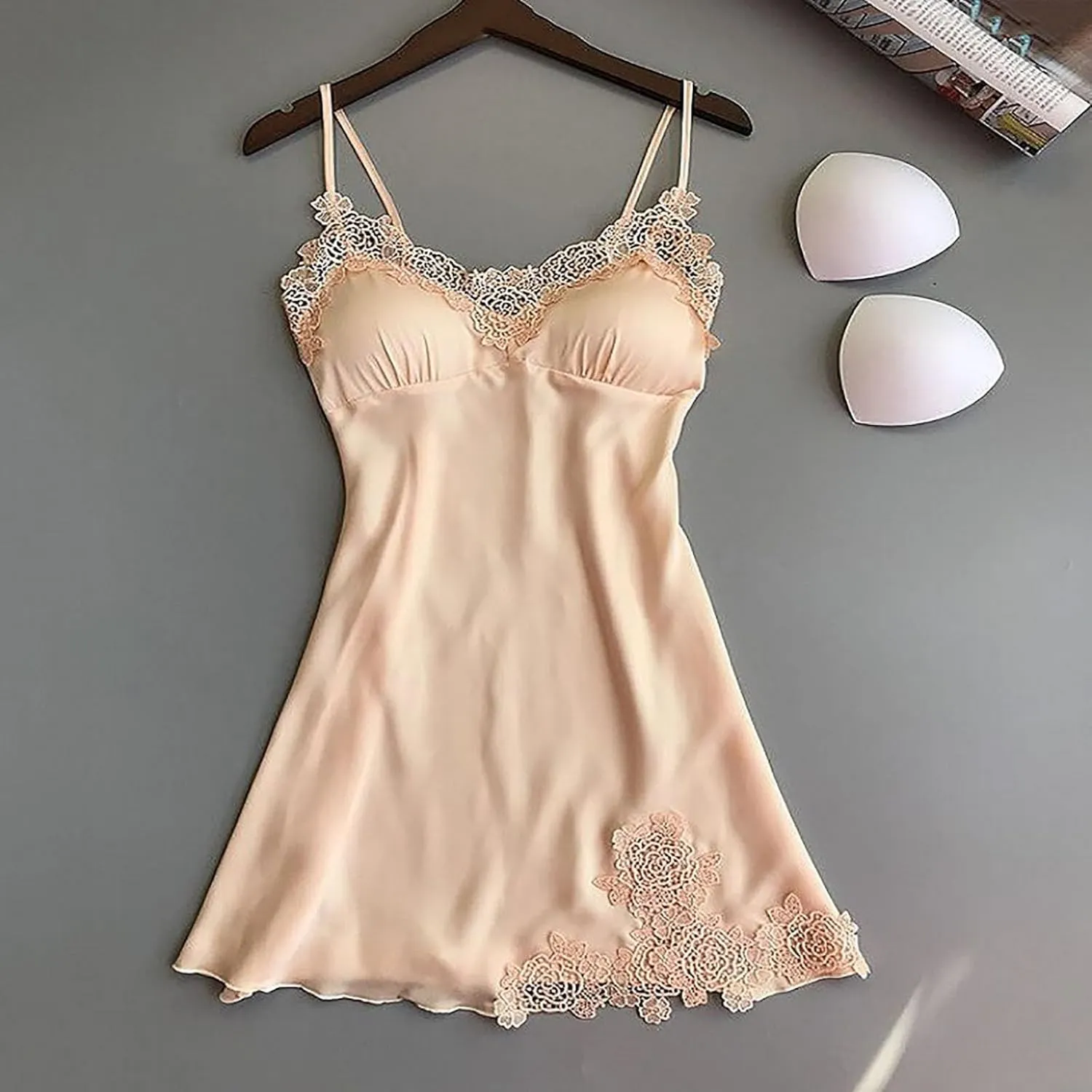 Women's Satin Pajamas Cami Dress Sleepwear Spaghetti Strap Lounge Full Slip Lace Trim Flower Embroidery Nightgowns