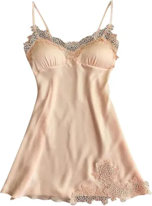 Women's Satin Pajamas Cami Dress Sleepwear Spaghetti Strap Lounge Full Slip Lace Trim Flower Embroidery Nightgowns