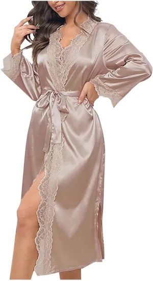 Women's Satin Robes Long Sleeve Silk Robe Kimono Sexy Bride Bathrobes Lace Patchwork Loungewear Soft Nightgowns