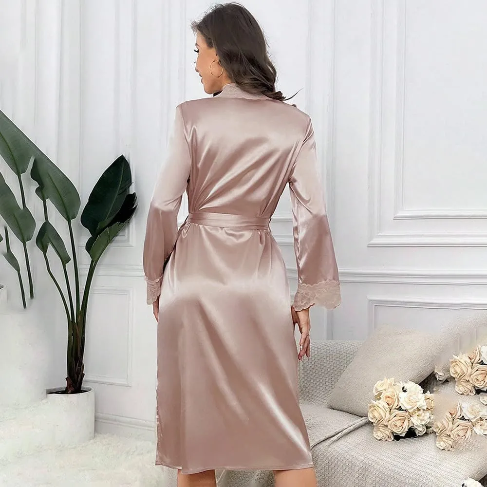 Women's Satin Robes Long Sleeve Silk Robe Kimono Sexy Bride Bathrobes Lace Patchwork Loungewear Soft Nightgowns