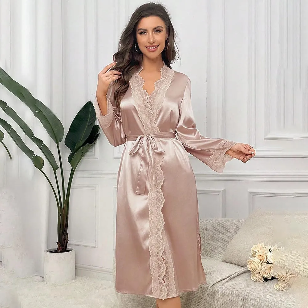 Women's Satin Robes Long Sleeve Silk Robe Kimono Sexy Bride Bathrobes Lace Patchwork Loungewear Soft Nightgowns