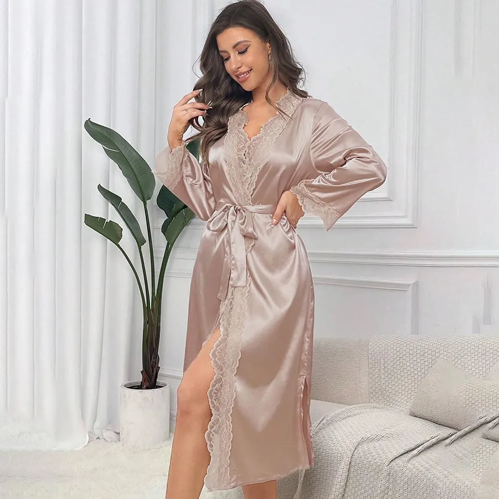 Women's Satin Robes Long Sleeve Silk Robe Kimono Sexy Bride Bathrobes Lace Patchwork Loungewear Soft Nightgowns