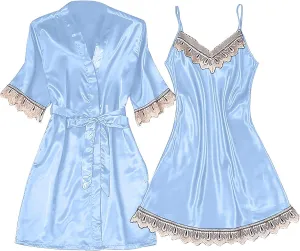 Women's Sexy Lingerie 2-Piece Garter Lingerie Set Robes Lace Bodysuit Deep-V Neck Underwear Cotton Nightgown